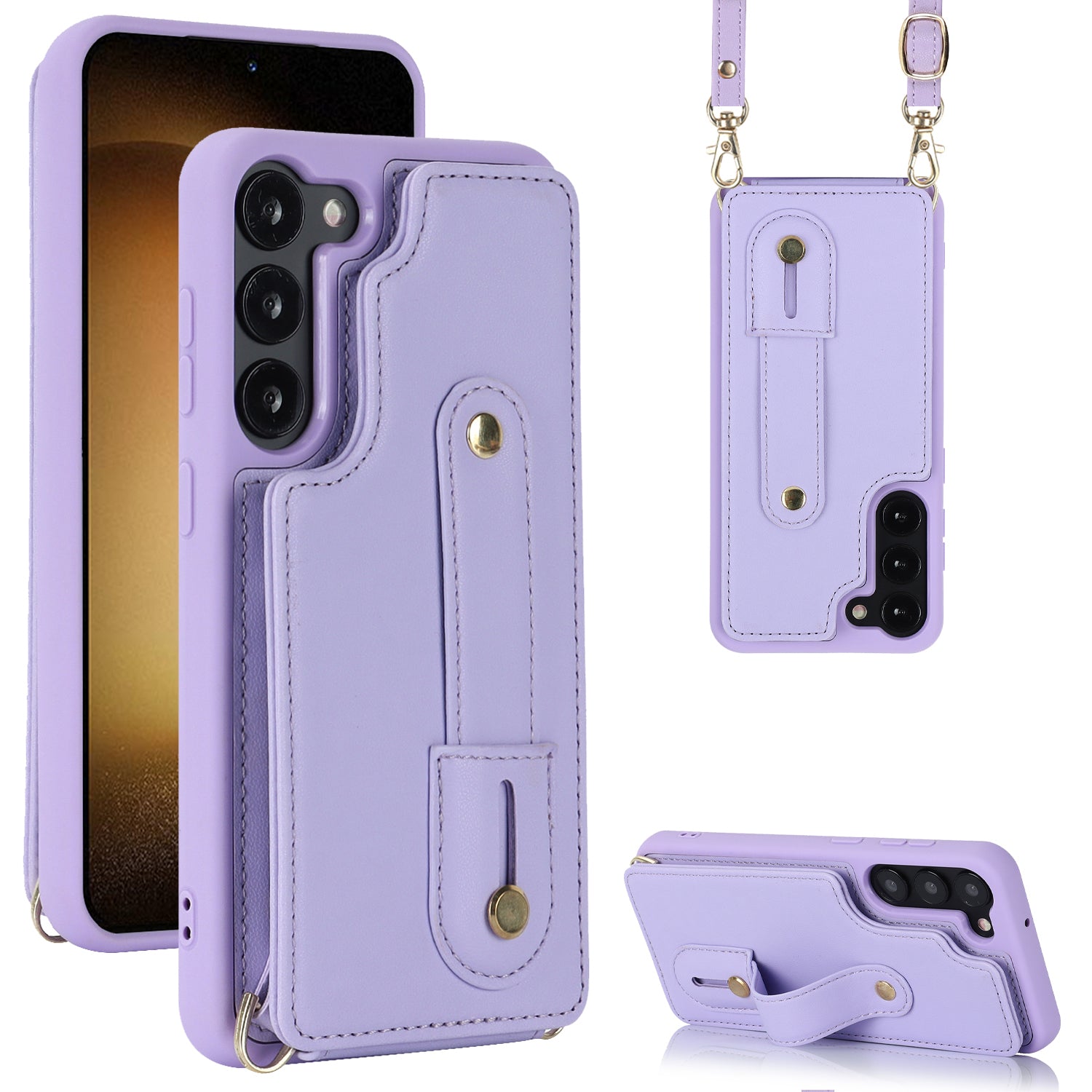 For Samsung Galaxy S23 PU Leather TPU Phone Case Adjustable Wristband Kickstand Cover with Card Slots For Samsung Galaxy S23 PU Leather TPU Phone Case Adjustable Wristband Kickstand Cover with Card Slots